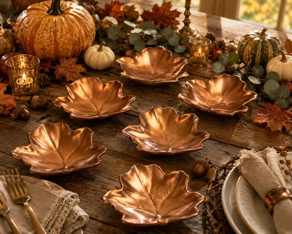 Lot 6 NEW Pier 1 Leaf Dishes Metallic Copper Ceramic 5 x 4.5